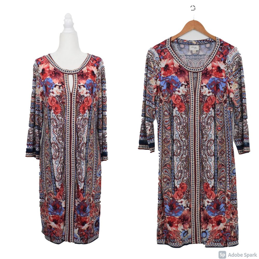 Beige by eci Keyhole 3/4 Sleeve Stretch Knit Shift Dress Size 10 Floral Paisley
